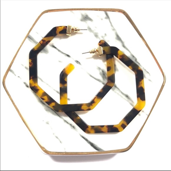 Dark Brown Tortoise Shell Large Hexagon Stud Hoops - Picture 2 of 8